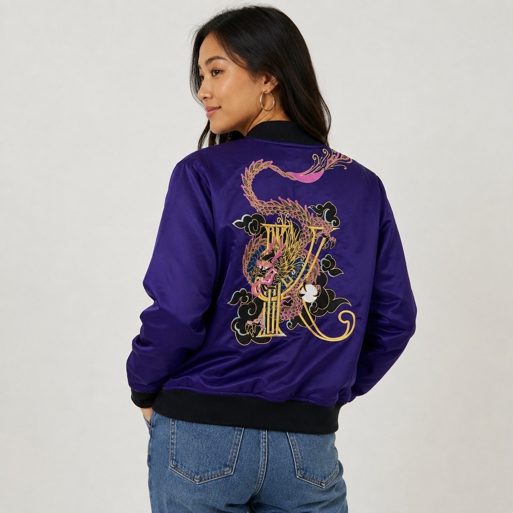 Our Universe Marvel Eternals Kingo Bomber Jacket Womens Small Purple Embroidered